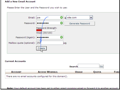 You can optionally set a quota on the account. This is a separate quota from the cPanel quota, but all mail usage does count towards you main cPanel quota.
When you are done cliek the Create button.
