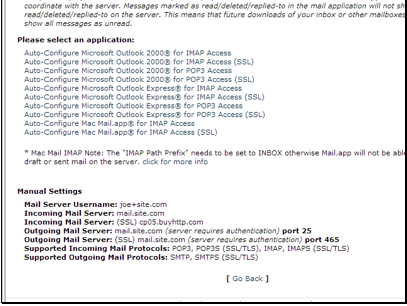 Just select the email program you'd like to configure it for and the type of inbox you want to have.
You can also view the info to manually setup your email client.
