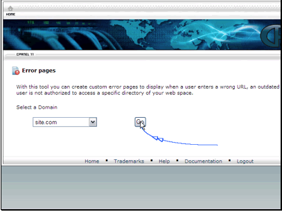 Select the domain to edit the error pages for.