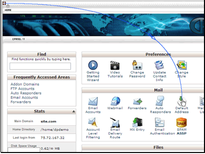 In this tutorial we will setup the default email address for our site. The default address is where all email sent to non-existant addresses is forwarded to.
Begin by clicking the Default Addresses button.
