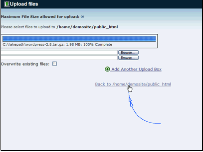 cPanel will show you the progress through your upload. When it's complete go back to your previous folder.