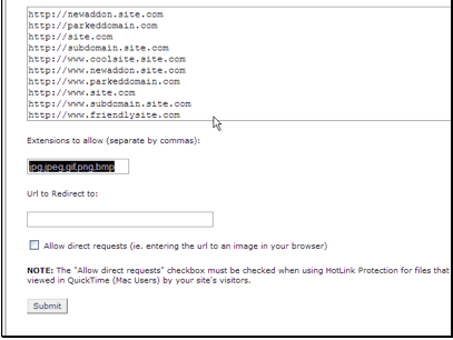 You can setup the extensions you would like to protect from hotlinking.