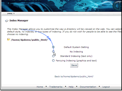 Select the type of indexing to setup. If you don't want to show any files select No Indexing.