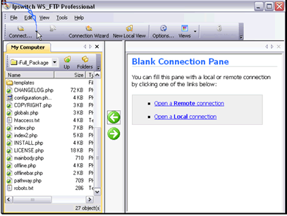 In this tutorial we will be transferring files to our site using WS_FTP
Begin by connecting to the site from the Connect menu