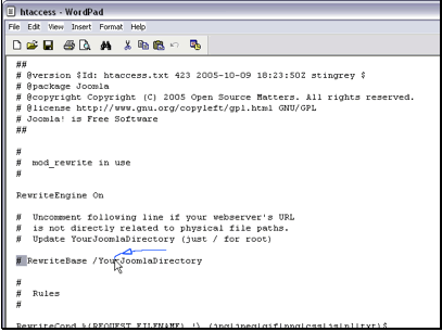 If you have Joomla installed in a folder (www.site.com/joomla) you will need to edit the RewriteBase line. It should read RewriteBase /joomla