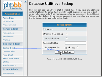 You can select the type of backup you would like to do. Unless you have a specific need, always do a full backup
If you would like to backup any files in your database that aren't part of phpBB, you can specify them here
If you want to compress the file before it downloads you can specify that here
After everything is setup click Start Backup