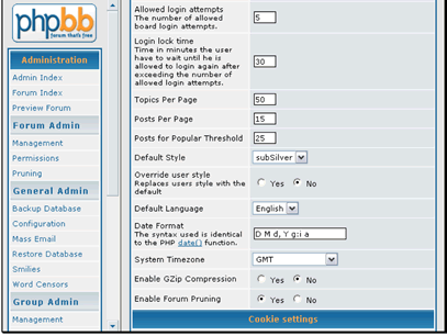 You can set how long to lock accounts if they have too many failed login attempts
You can set the number of topics to show per page. If you notice your forum is slow trying lowering this number
You can set the number of posts to show per page
You can set the number of posts a topic needs to have to be marked as popular
You can set the default style for your forum
You can allow users to override the default style with their own preferences
You can set the default language for the forum
You can set the date format to be used
You can set the timezone for the forum. If you are running an international forum it's best to leave this as GMT, but it doesn't effect the forum operation
You can enable GZip compression. This will reduce bandwidth usage and page loading times, but will increase CPU usage
You can enable forum pruning