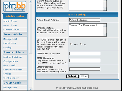 You can set the main email address
You can set a signature as well
You can choose to use SMTP to send your emails. If you wan to use SMTP you will need to enter the login information for your email account