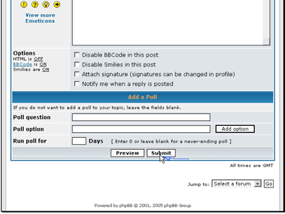 After you are happy with your message you have 2 options
Preview will show you a preview of what your message will look like
Submit will submit your topic to the forum
We will just click Submit