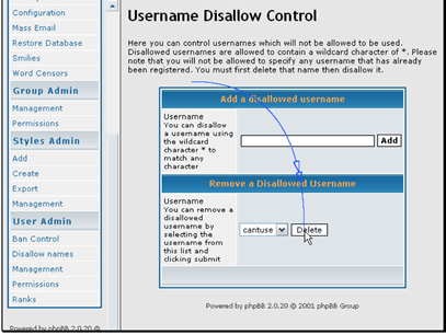 Select the username you want to reallow from the dropdown menu and click Delete