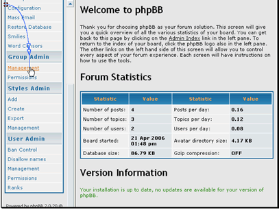 In this tutorial we will be creating a new group. This will allow us to give certain users special access to the forum
Begin by clicking Management under Group Admin