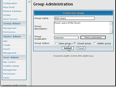 Click Submit to create the new group