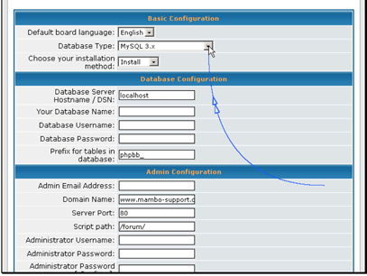 You can select your language, database type and install method