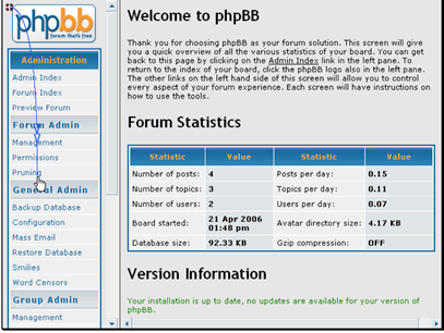 In this tutorial we will be pruning the forums. Pruning deletes posts from your forum older than the time your specify. This is a uesful way to keep your forum from getting too large
Begin by clicking on Pruning