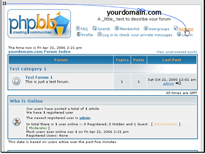 In this tutorial we will be registering a new account in our phpBB forum.
Begin by clicking on the Register link