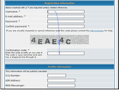 Next you will need to enter the confirmation code. This is used to prevent SPAM signups.