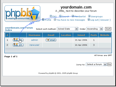Click the PM button next to the name of the user you want to message