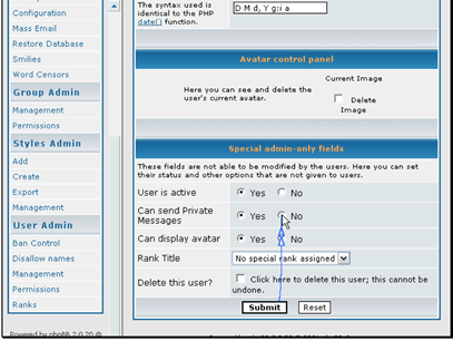 There are also admin-only fields you can modify
Let's turn off this users ability to send private messages