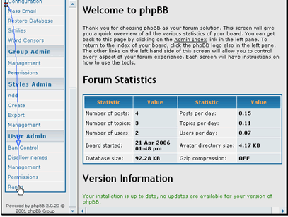 In this tutorial we will be adding a new user rank. This is a method of giving special recognition to your users based on the number of posts they have made
Begin by clicking Ranks under the User Admin heading