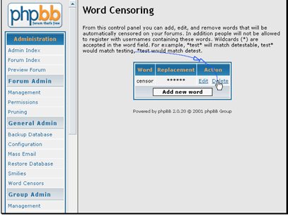 Let's delete the censored word. Click on the Delete link