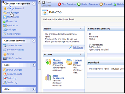 In this tutorial we will be using the Virtuozzo file manager. This can be used to manage all of the files on your VPS.
Begin by clicking the File Manager link