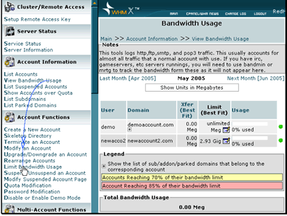 This screen will show you the bandwidth usage for all of your accounts
Click Limit Bandwidth Usage to modify accounts
