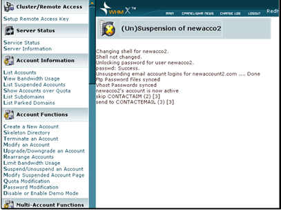 This screen verifies that the account has been unsuspended.