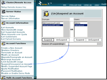 Click the account that you want to suspend. WHM allows you to enter a reason while you are suspending the account.