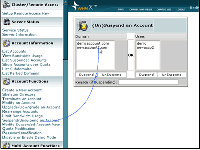 Select the account to unsuspend and click UnSuspend.