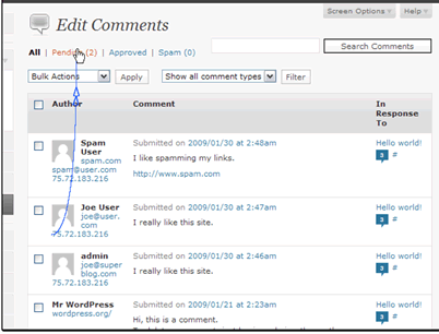 This screen shows all non-spam comments on your blog. We just want to see the pending comments.
