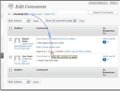 There are two ways to work with comments. You can select the checkbox next to the comment and choose an action from the Bulk Actions dropdown.
You can also select an action for a single comment. We'll mark this first comment as spam.
